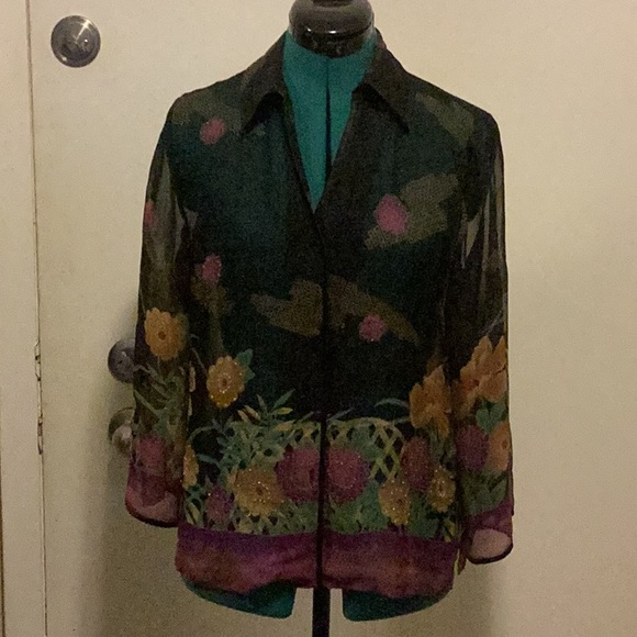 Womens Semi Sheer Silk Blouse Black Floral w/clear beads Unbranded - Picture 2 of 10